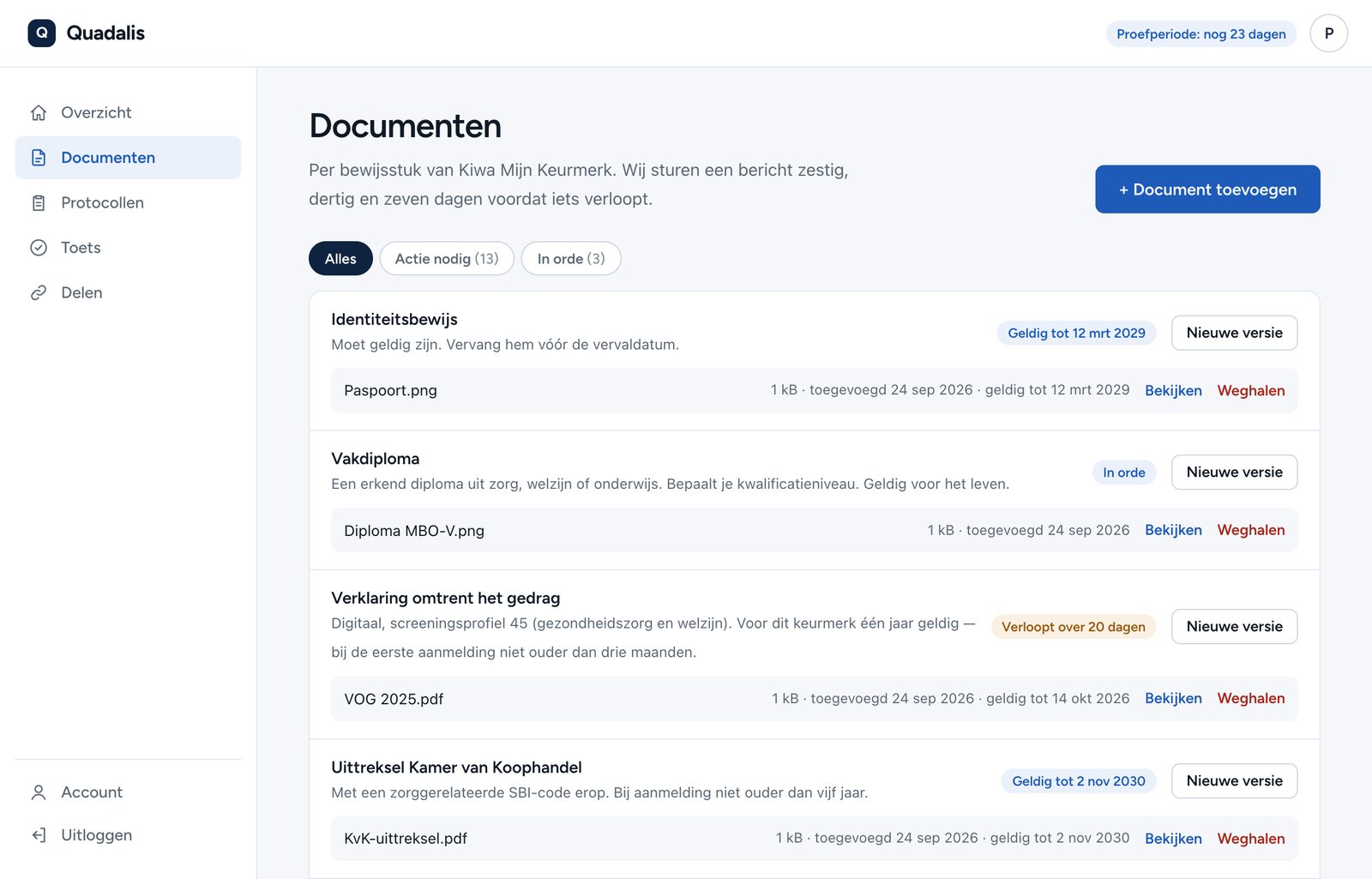 De omgeving: documenten per
      bewijsstuk, met de geldigheid als label ernaast
